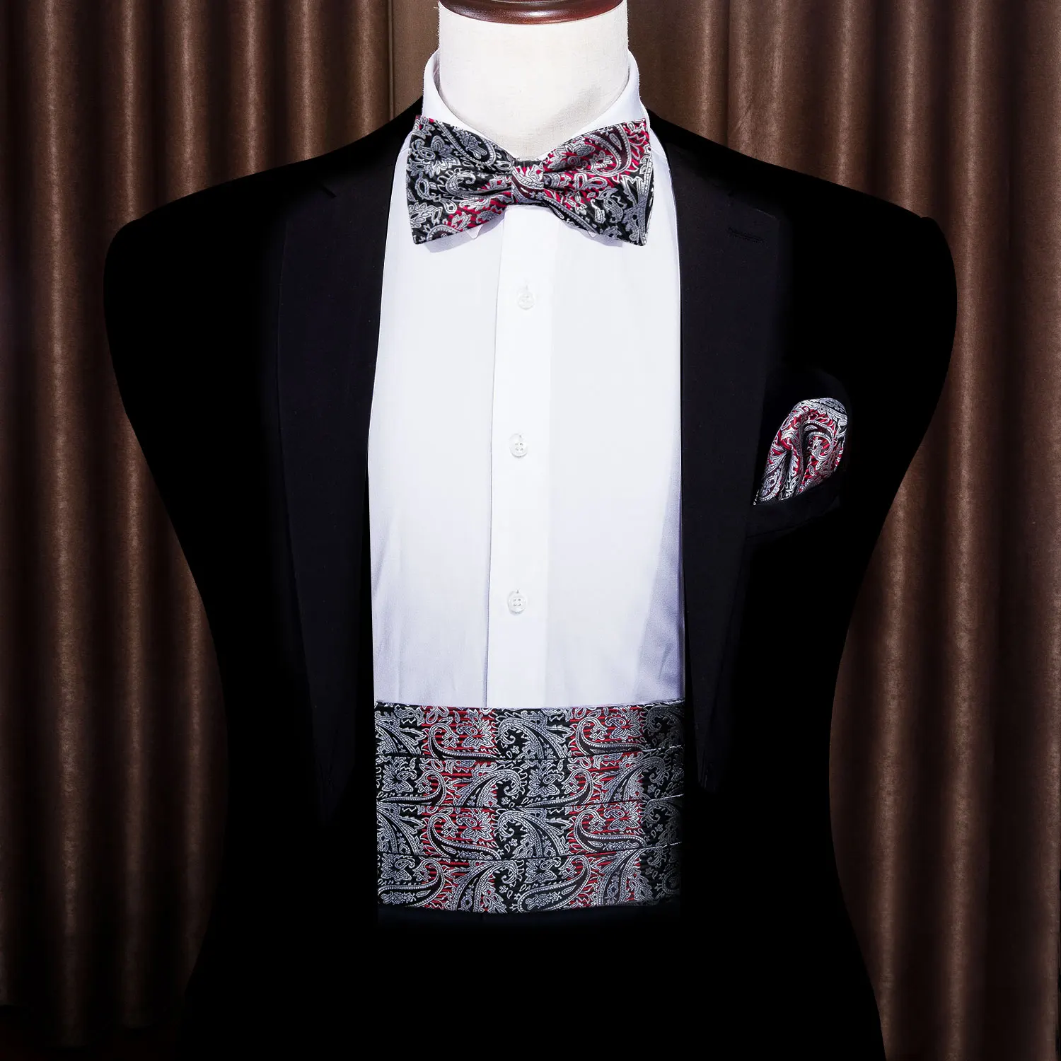 Red Men Paisley Bow Tie Silk Floral Black Bowtie Cummerbund Set Pocket Square Cufflinks Formal for Tuxedo Suit Barry.WangYY-1001