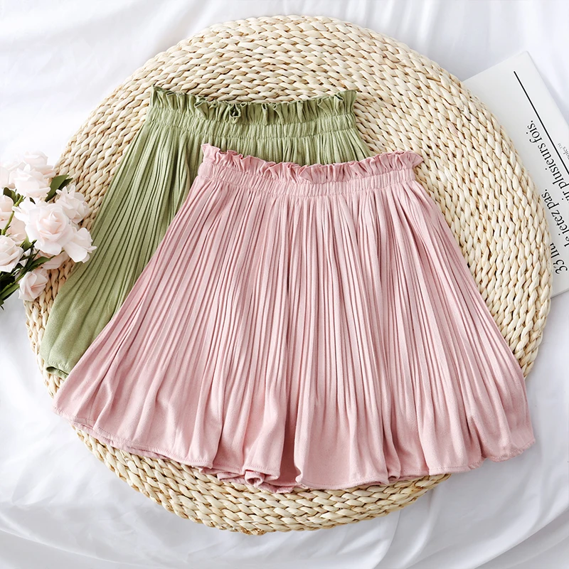 Короткие юбки, новинка, эластичная талия, тонкая плиссированная юбка для женщин, завышенная талия, трапециевидная, розовая, зеленая