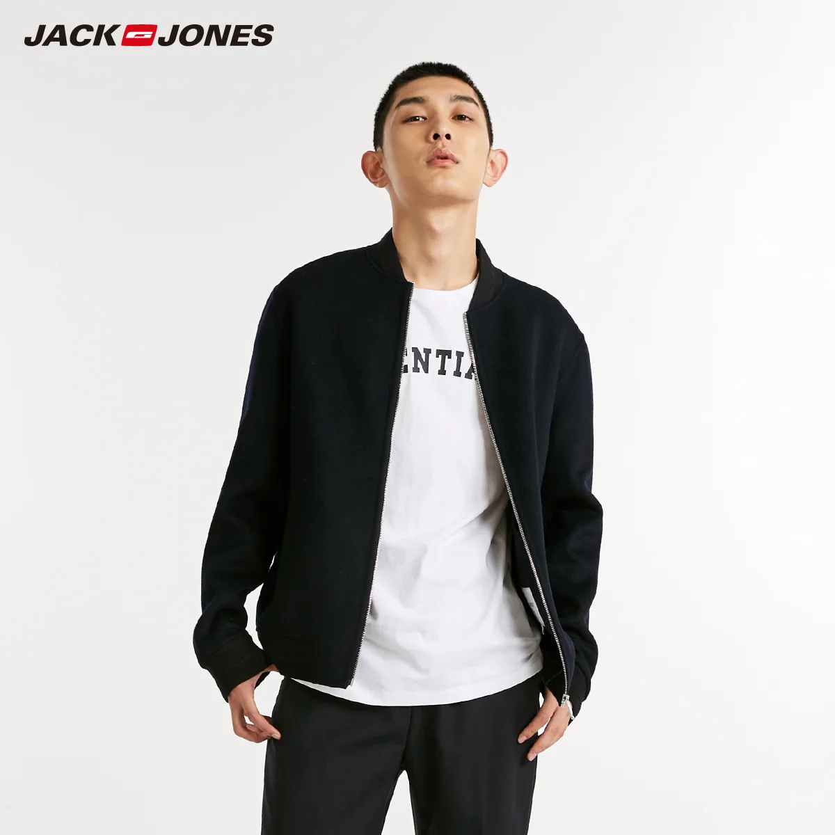 JackJones Мужская короткая Зимняя шерстяная бейсбольная куртка с полосками сзади | 218427508