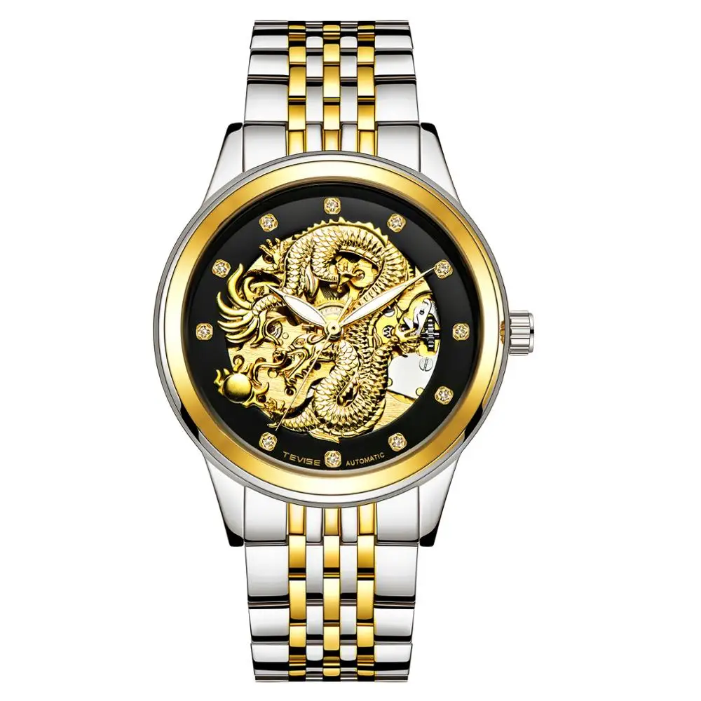 Tevise роскошный золотой дракон дизайн мужские часы нержавеющая сталь Скелет автоматические механические часы водонепроницаемые мужские часы - Цвет: gold black-1