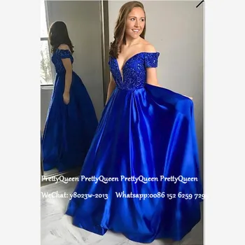 

Royal Blue Satin Long Prom Dresses With Appliques Beads 2020 Off Shoulder A Line Vestido De Festa Party Evening Dress For Women