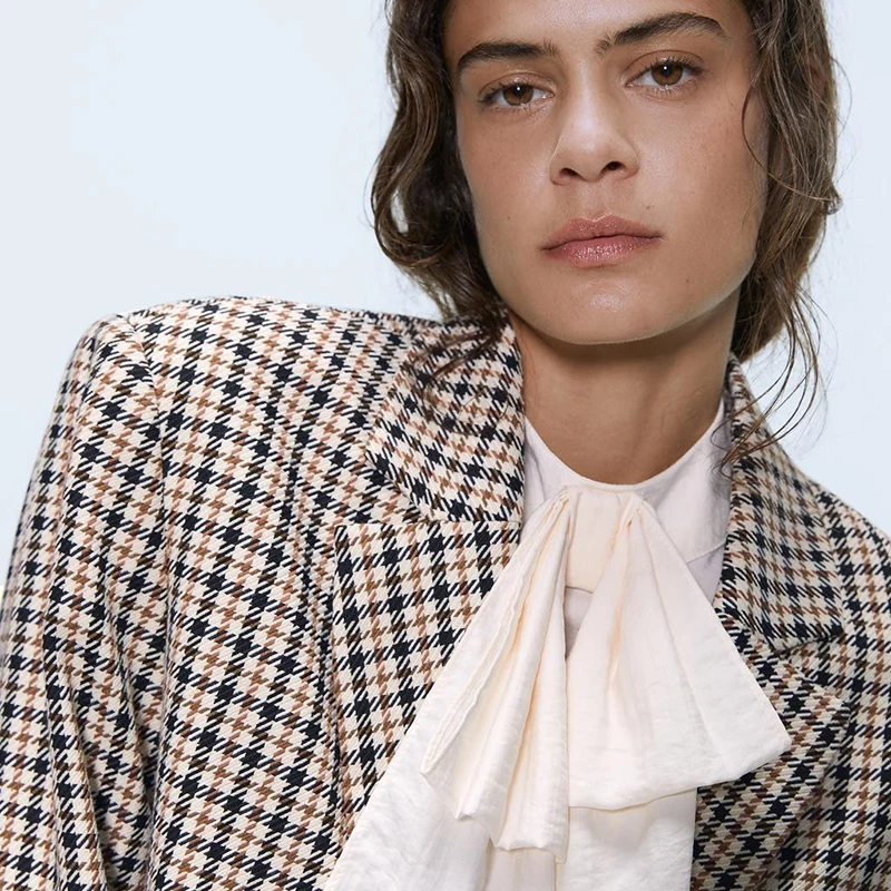ZA Houndstooth Блейзер Женский трендовый зима осень новейшие английские Клубные пиджаки с поясом Темперамент Топы вечерние подарки