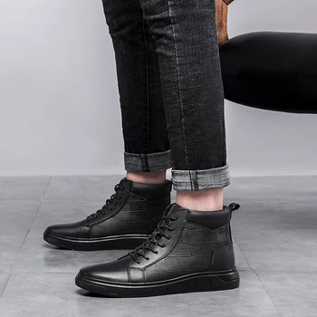 

Men Winter Cotton-Padded Shoes High Top Shoes With Fashion Back Buckle Warm Plush Male Cow Leather Ankle Boots Plus Size 48