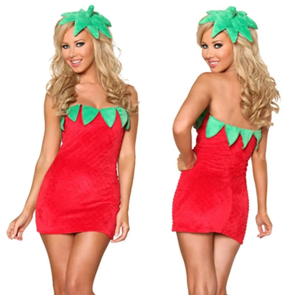 

Ladies Strawberry Costume Dress Funny Food Fruit Outfits Adults