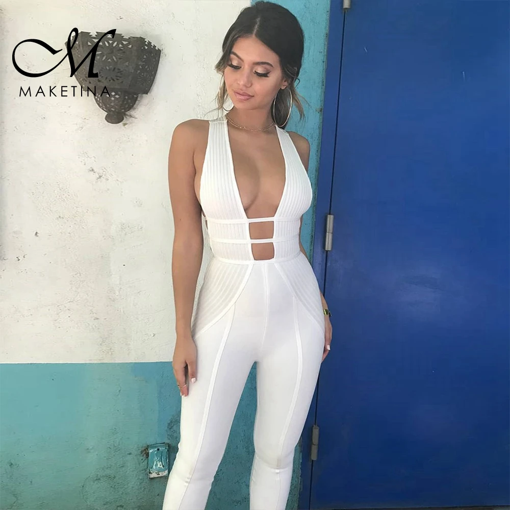 

Maketina Bandage Jumpsuits For Women 2019 White Bodycon Bandage Jumpsuits Sexy V Neck Sleeveless Cut Out Club Bandage Jumpsuit