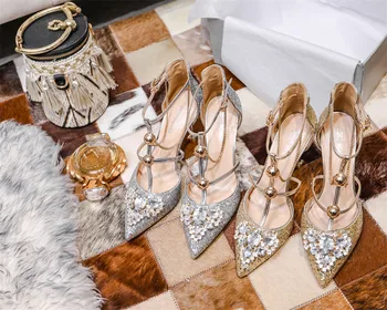 

Luxury Rhinestone High Heels Women Pointed Toe Cross Buckle Pumps Women Crystal bling Dress Wedding Party Sandals Women Shoes