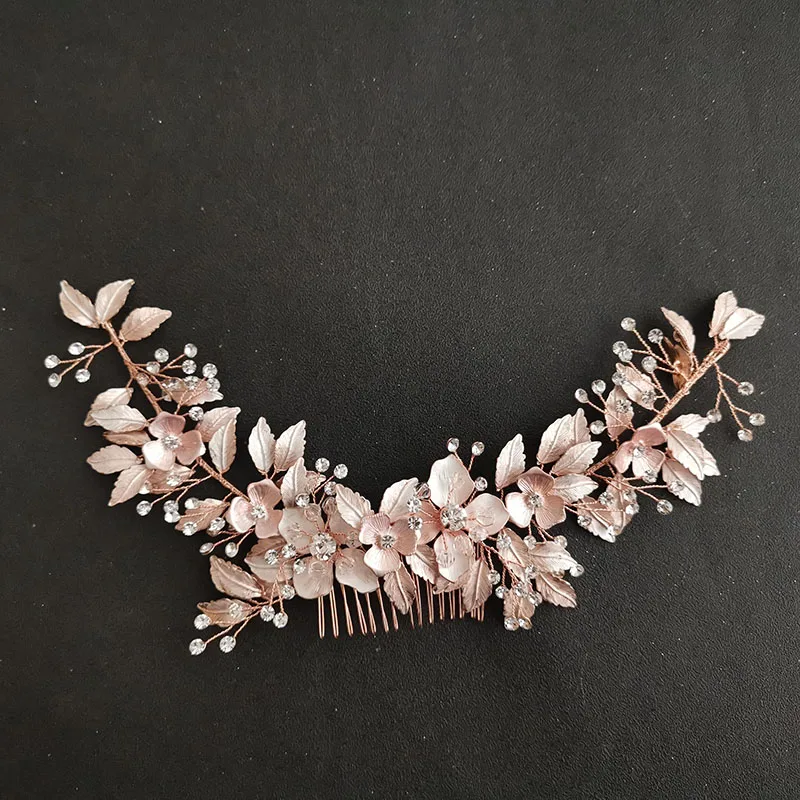 Floralbride Handmade Rhinestones Crystal Alloy Flower Leaf Long Wedding Hair Comb Bridal Headband Hair accessories Women Jewelry