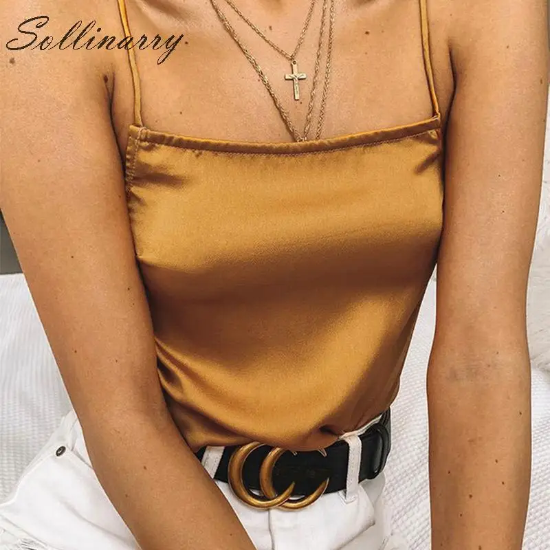 Sollinarry Хай стрит Для женщин платья Casual Tanks Топ Женский Спагетти ремень атласная