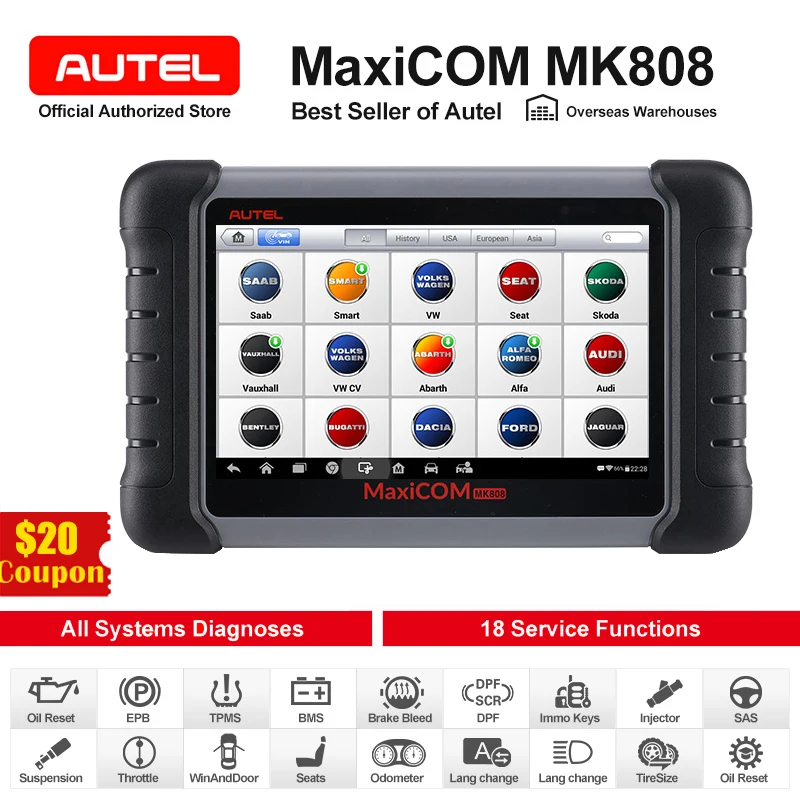 Автомобильный диагностический инструмент Autel MaxiCOM MK808 сканер OBD2 считыватель