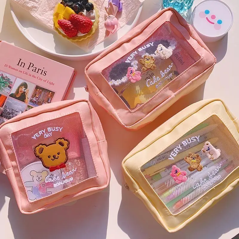 

Korea Style Mesh Bear Cosmetic Cases Cute Girls Waterproof Makeup Bag Women Travel Wash Bag Home Storage Case