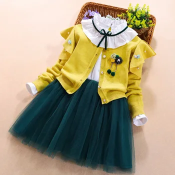 

Baby girls clothing set autumn winter Spring Kid cardigan long-sleeved sweater coat+cotton mesh dress 2Pcs suit for girl clothes