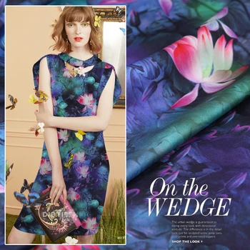 

108cm wide lotus printed silk fabric 19 mm digital inkjet silk stretch satin fabric shirt dress chinese silk fabric cloth