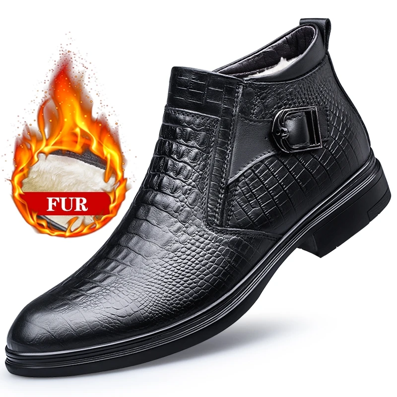Cow Leather Business Men's Boots Autumn Winter Warm Fur Snow Boots Crocodile Pattern Men Ankle Men's Shoes Size 46