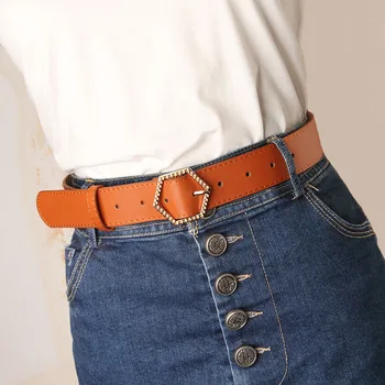 

105x3.4cm Fashionable Woman gold Hexagon alloy buckle belts mitation leather belt Fashion Dress Jeans Punch Belt