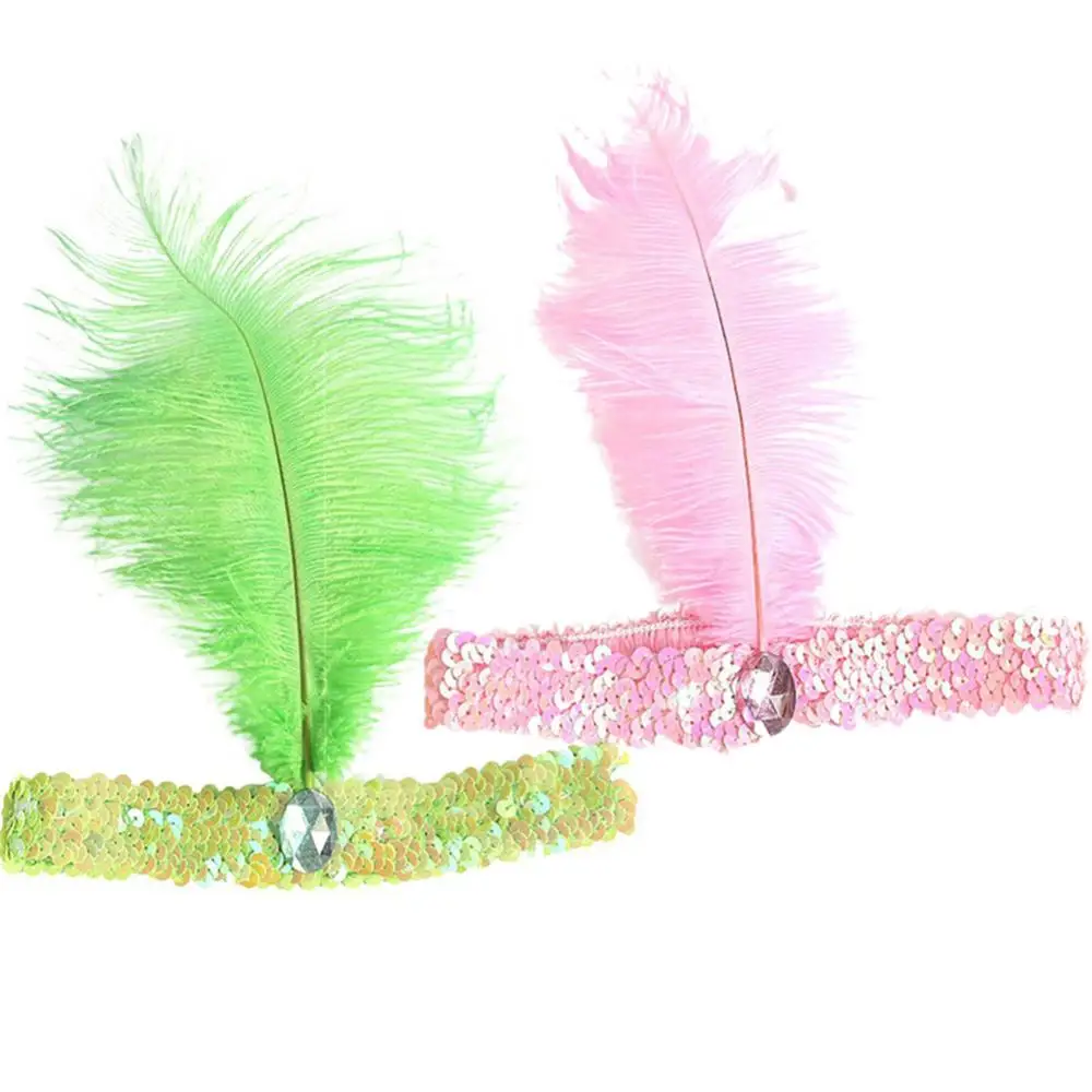 Ladies Ostrich Feather Elastic Sequins Belt Headband Flapper Indian Hairband