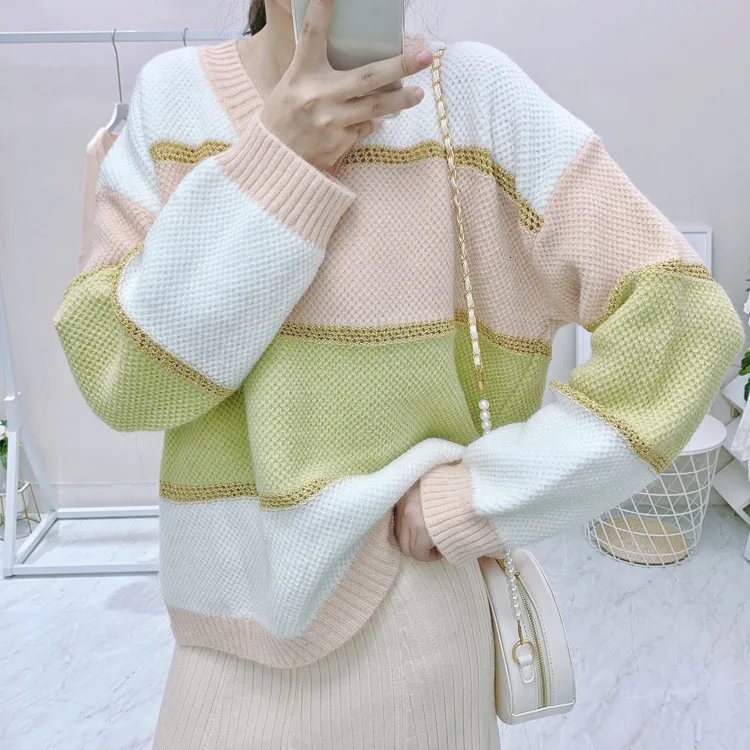 

Striped V Neck Sweater Women Casual Knitting Pink Loose Long Sleeve Korean Style Autumn Winter Ladies Sweaters And Pullovers