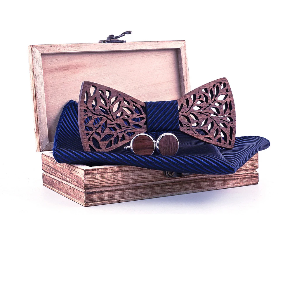 

Linbaiway Handmade Vintage Wooden Bow Ties Pocket Square Cufflinks Set for Mens Wood Bowties Set Cravate Homme Noeud Papillon
