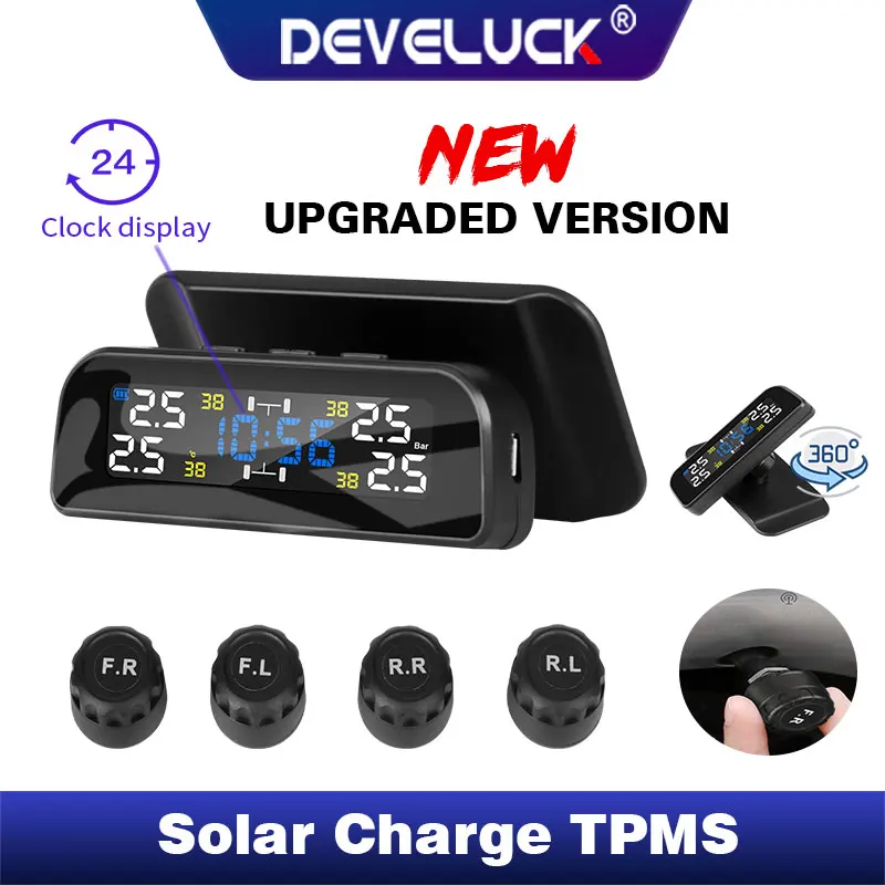 

TPMS Wireless Car Alarm Tire Pressure Monitoring System Rotation display Time Warning Solar Power Charge Inside External sensors