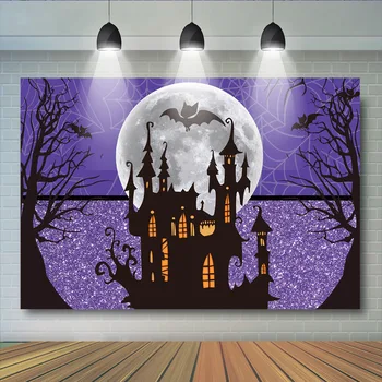 

Halloween Party Photography Backdrops Horrying Pumpkin Lantern Castle Bat Background Big Moon Purple Old Tree Backdrop
