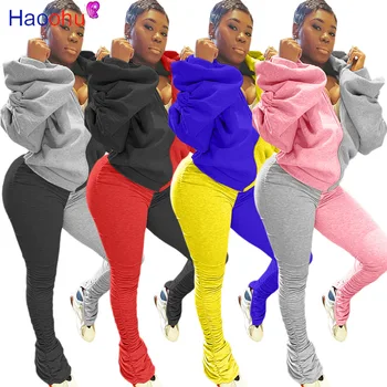 

HAOOHU Sexy Two Piece Set puff Long Sleeve Zip Top+Stacked Leggings Tracksuit Women Fall Clothes Streetwear Outfits