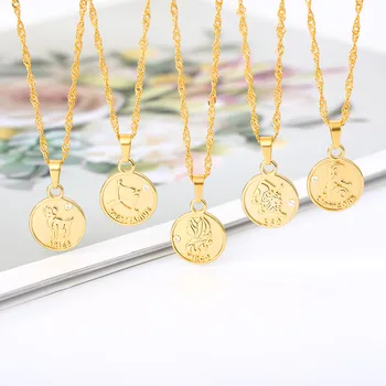 

Drop shipping Personality Twelve Constellations Coin Pendant Necklace Female Clavicular Chain Retro Round Leo Logo Zodiac Signs
