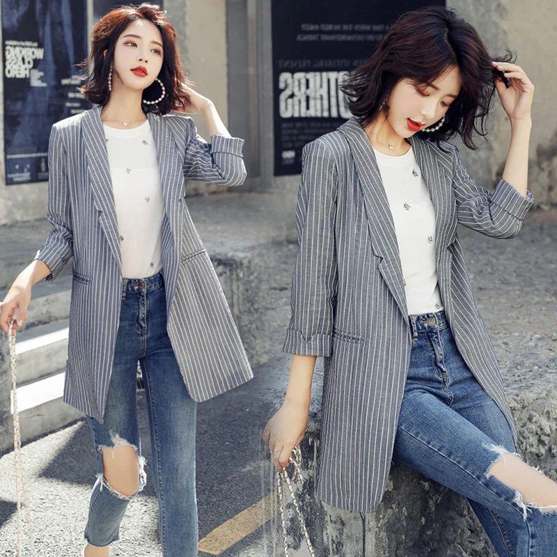 

Stripes Fashionable Trench Coat Women's 2018 Korean-style Fold-down Collar Elegant Versatile Fashion Explicit Thin Coat 2018 Kor