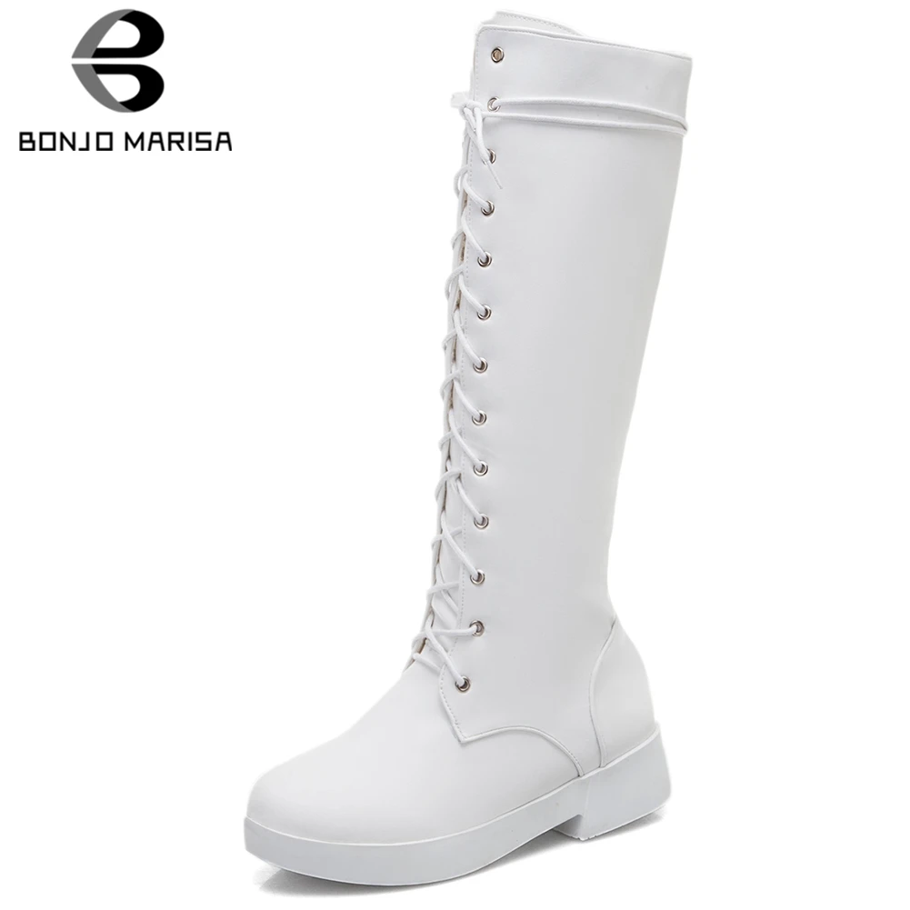 

BONJOMARISA New 34-43 Concise Solid Platform Boots Office Lady lace-up mid-calf Boots Women 2020 Med Heels Shoes Woman