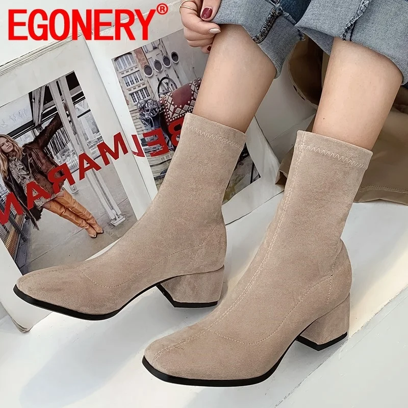 

EGONERY winter warm new concise ankle boots outside comfortable mid heels square toe flock women shoes drop shipping size 32-43