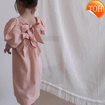 

2020 Spring and Summer Girl Hemp Breathable U-back Bow Tie Bubble Sleeve Dress Toddler Children Solid Color Linen Princess Dress