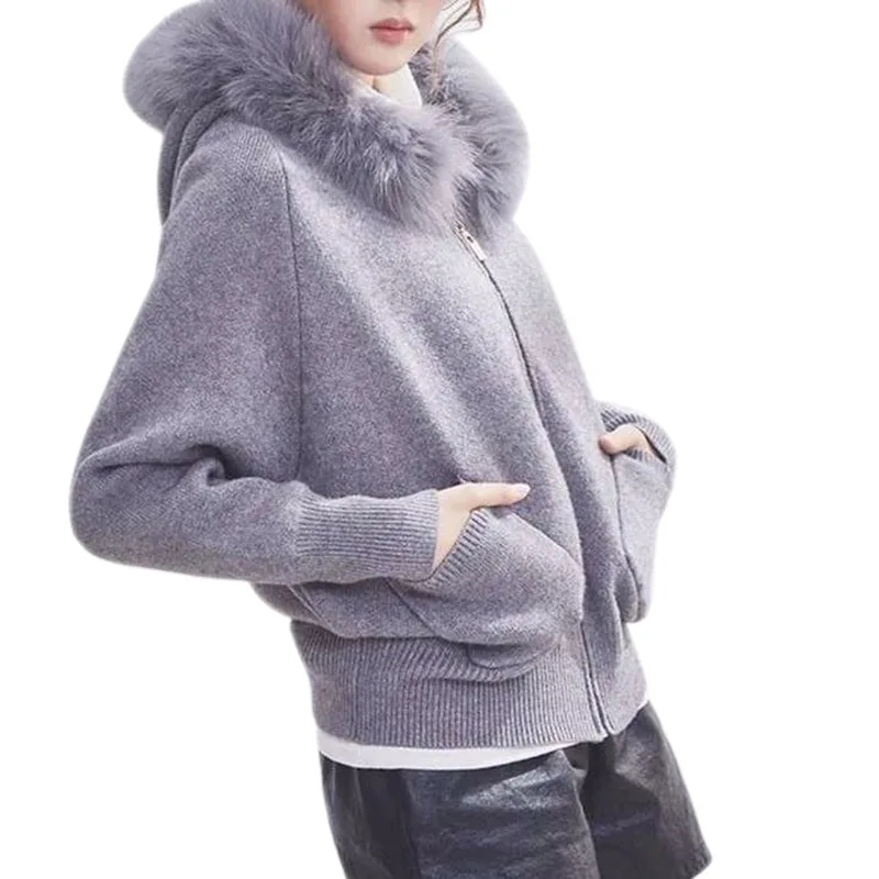 D001063 gray Осенне-зимний вязаный кардиган с капюшоном и воротником из натурального Лисьего меха, женское модное вязаное пальто с длинным рукавом, свободный свитер на молнии - Цвет: D001063 gray