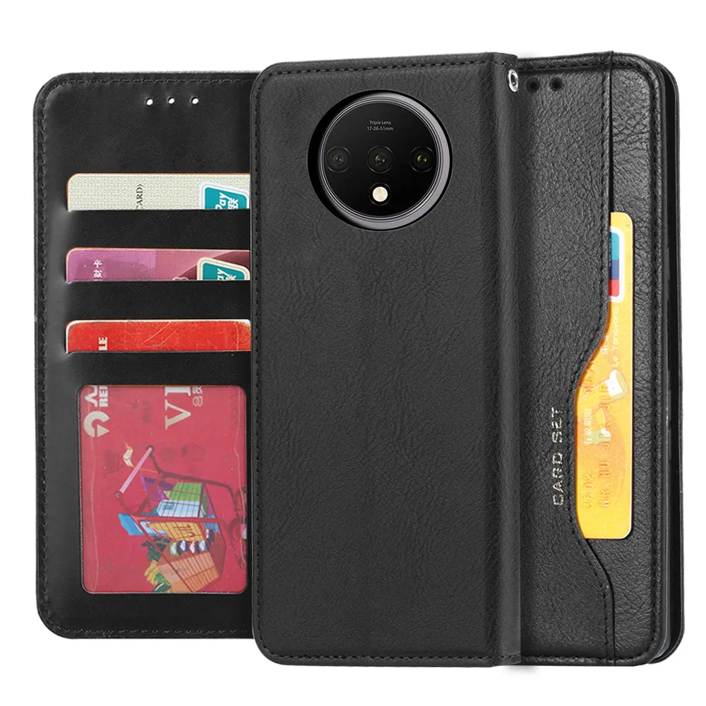 Для OnePlus 7T чехол из искусственной кожи с зернистой поверхностью, ударопрочный чехол-книжка с подставкой для One Plus 7 7T Pro Чехол с отделениями для карт, роскошный
