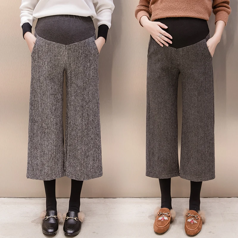 748# Autumn Winter Woolen Maternity Pants Wide Leg Loose Straight Pants Clothes for Pregnant Women 9/10 Pregnancy Belly Trousers