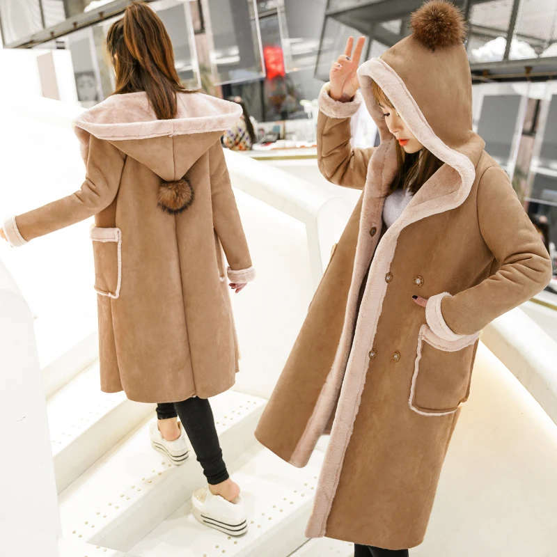 New 2020 Winter Women Faux Lambs Wool Hooded Coat Female Long Shearling Coats Double Breasted Faux