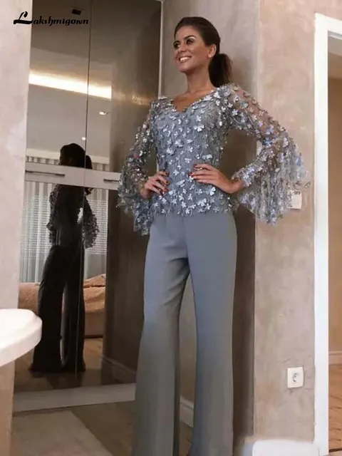 Abiti da cerimonia per la madre della sposa in pizzo grigio argento per abito  da sposo abito da cerimonia formale a maniche lunghe con applicazioni  floreali 3D|Mother of the Bride Dresses| -