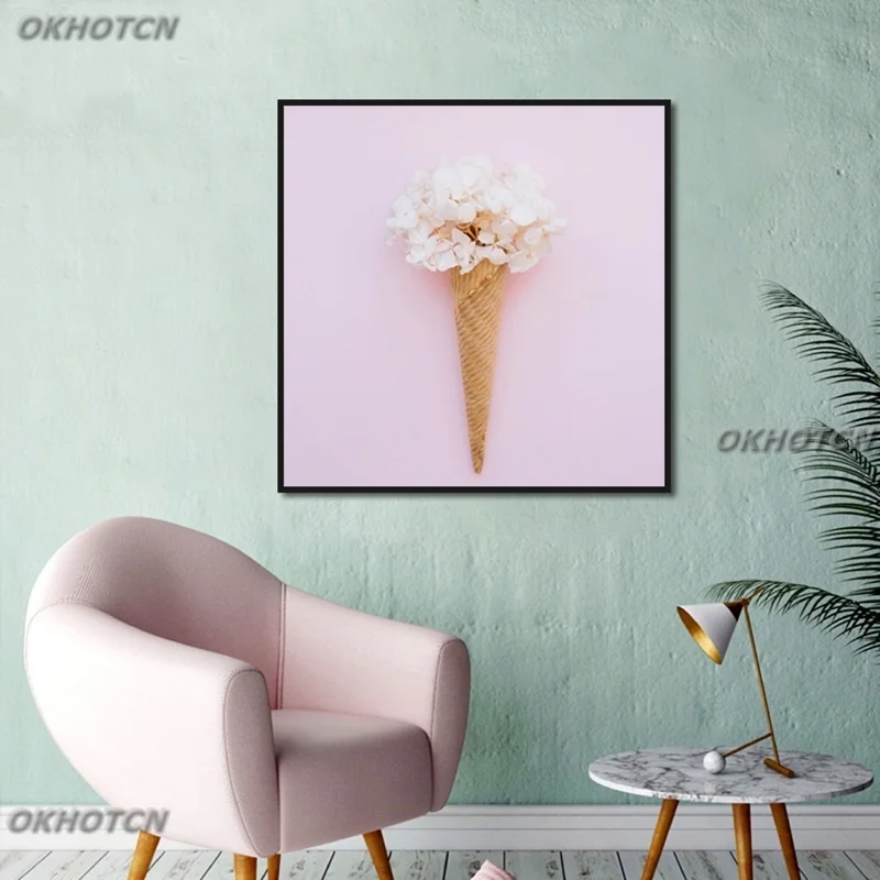 

Nordic Style Pink Flower Ice Cream Canvas Painting Minimalist Fresh Posters And Prints Wall Art Pictures Living Room Home Decor