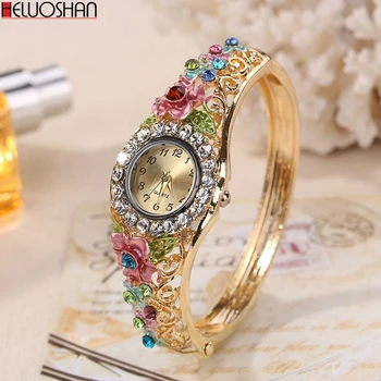 Reloj de pulsera de lujo dorado para Mujer, pulsera elegante de aleación con diseño de flores, de cristal, nuevo
