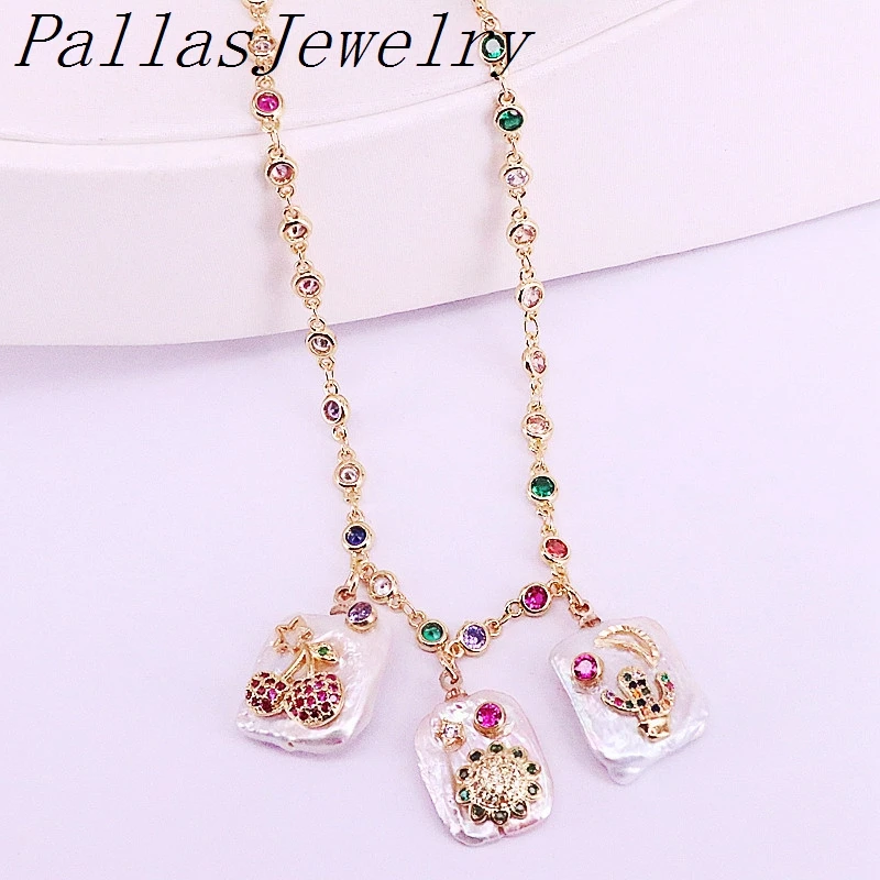 

2Pcs Nature Freshwater Pearl with CZ micro Pave Charm Pendant Multi Zirconia Fashion Necklace