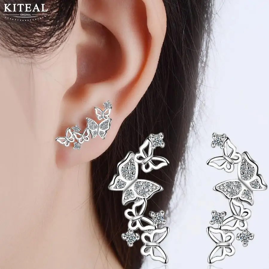 Kiteal 925 ювелирные изделия с серебряным покрытием милый корейский галстук бабочка циркон серьги в виде бабочек для Для женщин серьги-гвоздики сережки Brincos S-E355