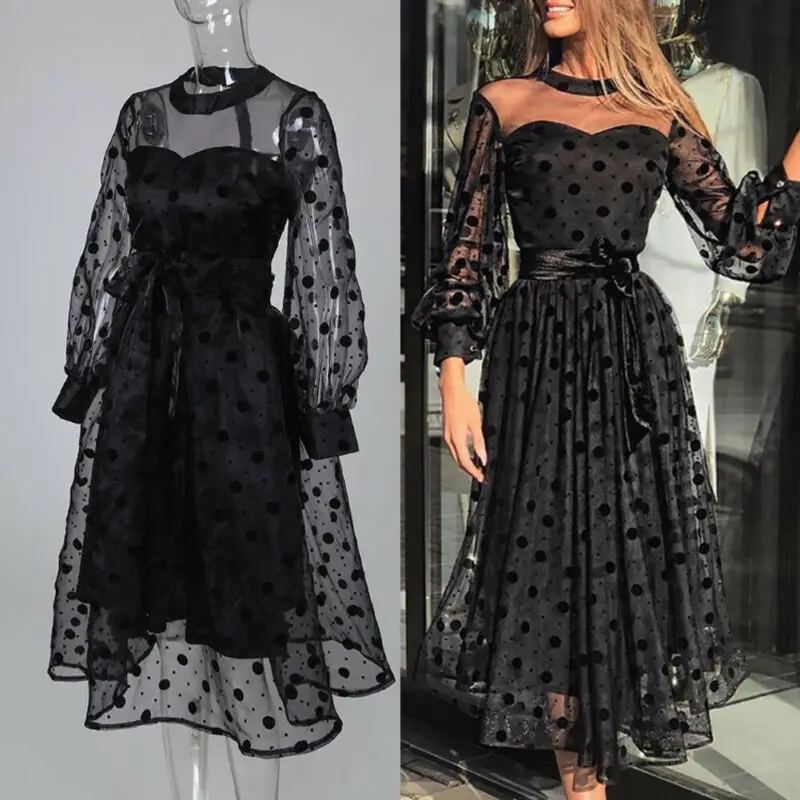 Vintage Stylish Mesh Polka Dot Midi Dress Women 2020 Fashion Round Neck Long Sleeve See Through Dresses Casual Vestidos Mujer Vintage Stylish Mesh Polka Dot Midi Dress Women 2020 Fashion Round Neck Long Sleeve See Through Dresses Casual Vestidos Mujer
