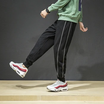 

Casual Men's Sportswear Pants Solid Color Hip Hop Loose Drawstring Patchwork Stripe Streetwear Male Fitness Trousers Black