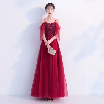 

Red Sexy Spaghetti Strap Long Qipao Lady Chinese Bride Wedding Dress Elegant Large Size 3XL Flower Cheongsam Mesh Pleated Dress