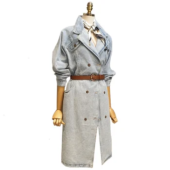 

WOMENGAGA 2019 new turn-down collar lantern sleeves double breasted denim long jacket female windbreaker with belts B147