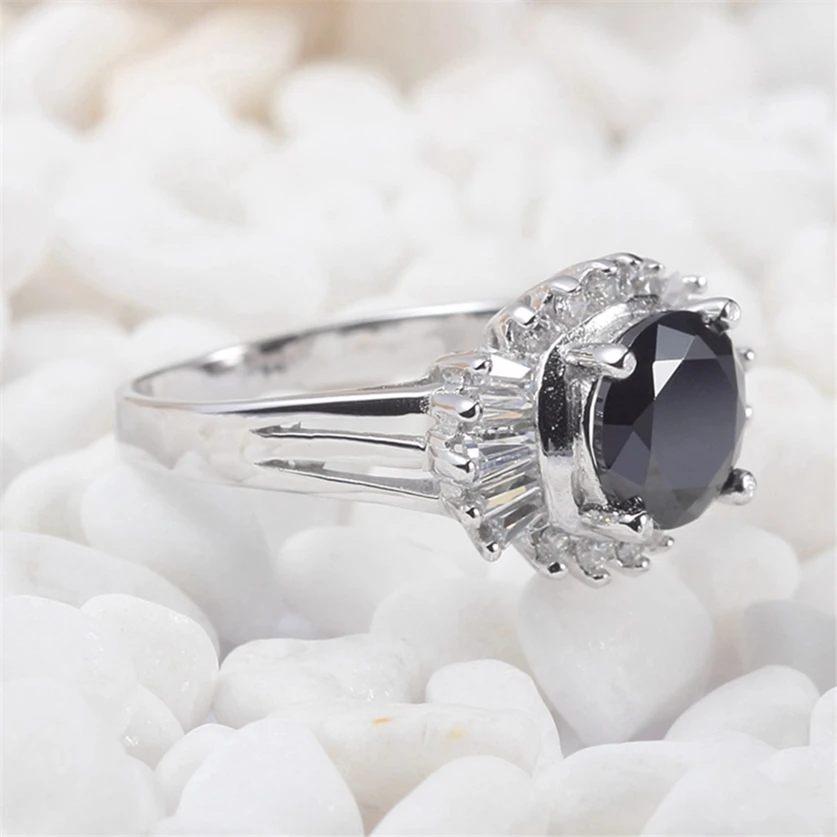 Eulonvan Luxury Fancy 925 sterling silver Jewelry Wedding rings christmas gifts for women Black Cubic Zirconia S-3718 size 6 8 9