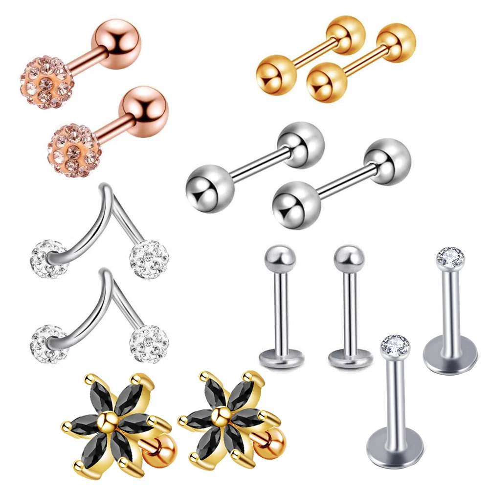 

10set/140pcs Stainless Tragus Ear Piercing Crystal Lobe Stretcher Earring Barbell Nose Lip Rings Studs Helix Body Jewelry
