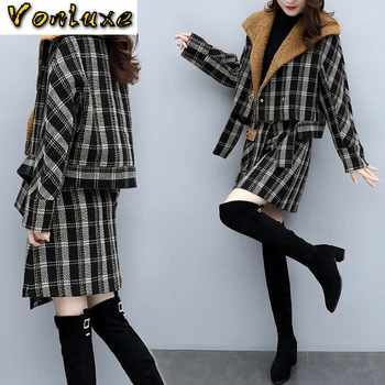 

2020 Women Set Winter Coat Skirt Two Piece Suit Luxury Clothing Office Plaid Leather Cashmere High Quality Ladies Fashion Outfit