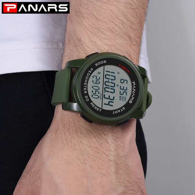 PANARS Mens Digital Watches Men's Sport Watch Dual Time Pedometer Alarm Clock 50M Waterproof Military Multifunction Reloj Hombre 8108 Green