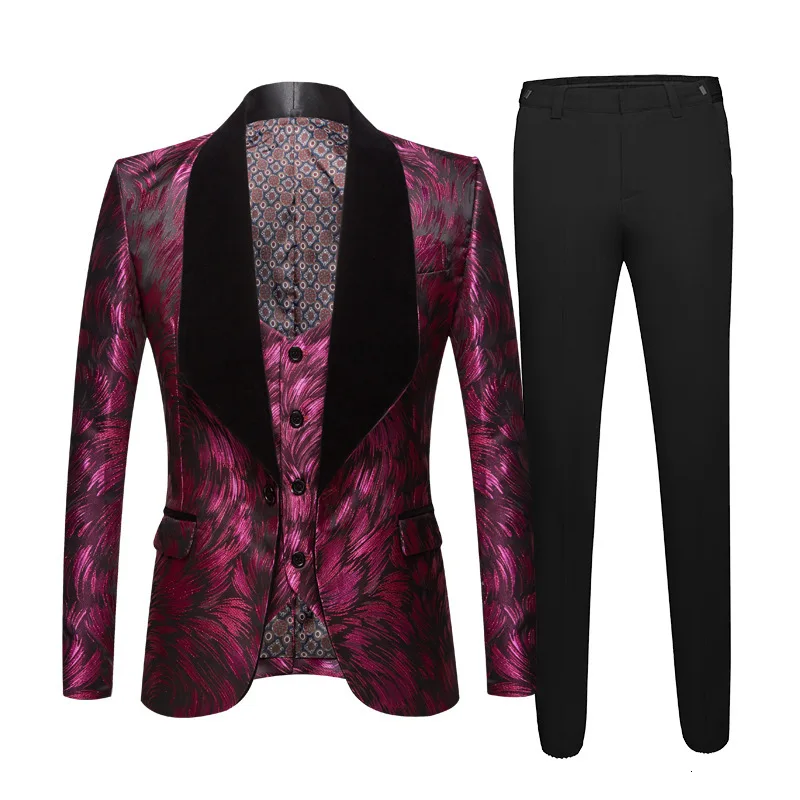 PYJTRL Men 3 Pieces Set Jacquard Burgundy Suits Wedding Groom Tuxedos Evening Party Prom Dress Suits Stage Singers Costume - Цвет: Burgundy