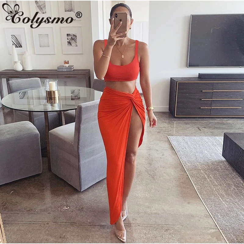 

Colysmo 2019 Summer Two Piece Set Low Cut Vest Long Skirt Set Casual Beach Party 2 Piece Set Women Hight Side Sexy Club Outfits
