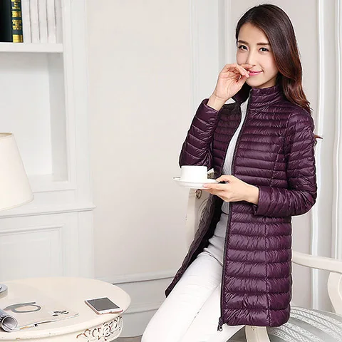 purple Женский модный пуховик, ультра легкий пуховик, новинка, Женская длинная куртка с капюшоном, светильник, тонкие женские ветровки - Цвет: purple