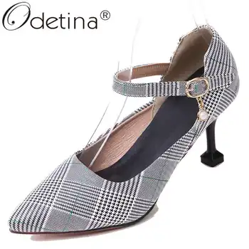 

Odetina Women Retro Canvas Kitten High Heel Office Lady Dress Shoes Lady String Bead Plaid Pointed Toe Buckle Strap Party Shoes